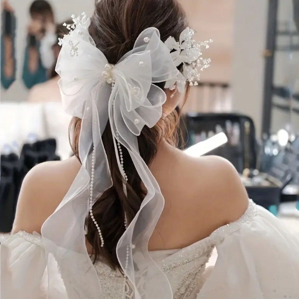 NWT! Elegant Faux Pearl Bow Knot Vintage Style Hair Clip With Tassel NEW